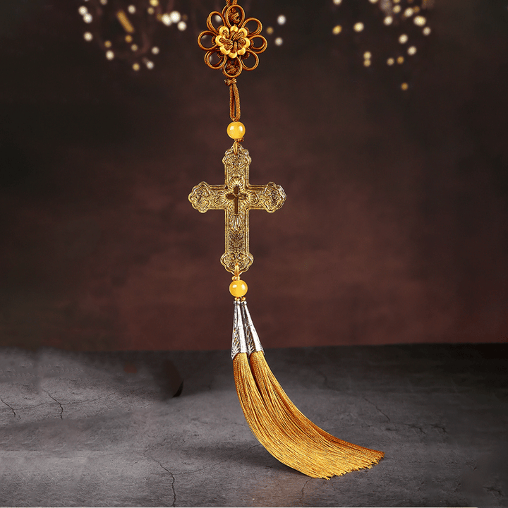 Christianartworkshop Autoanhänger im modernen Stil, handgefertigt, Kruzifix, Kristallquasten, Auto-Ornamente zum Aufhängen  - Goldene Quasten - image 0