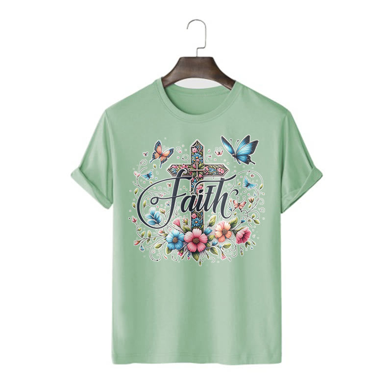 Christianartworkshop T-Shirt im Bohemian-Stil mit Blumen und Kreuz, kurzärmlig, gewaschen - Hellgrün - 2XL - image 14