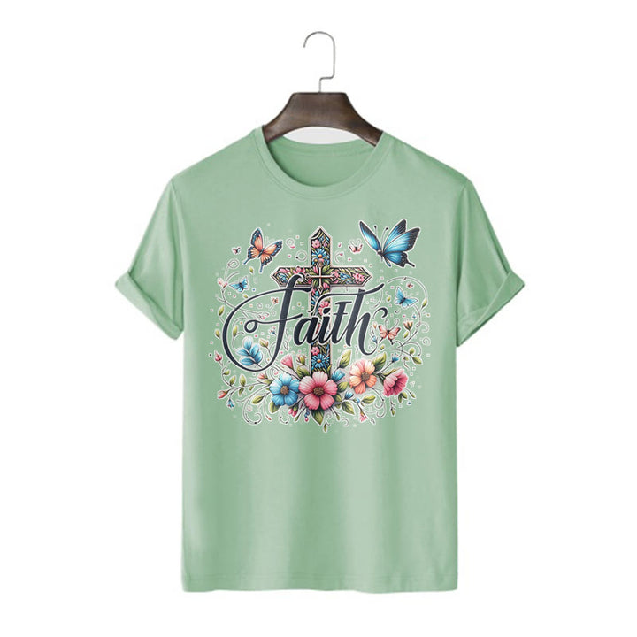 Christianartworkshop T-Shirt im Bohemian-Stil mit Blumen und Kreuz, kurzärmlig, gewaschen - Hellgrün - 2XL - image 14