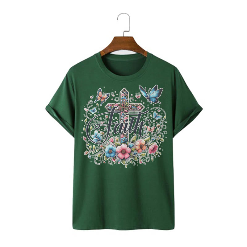 Christianartworkshop T-Shirt im Bohemian-Stil mit Blumen und Kreuz, kurzärmlig, gewaschen - Dunkelgrün - 2XL - image 12