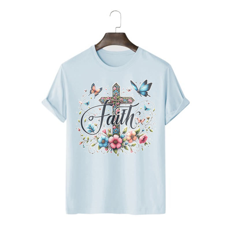 Christianartworkshop T-Shirt im Bohemian-Stil mit Blumen und Kreuz, kurzärmlig, gewaschen - Blau - 2XL - image 18