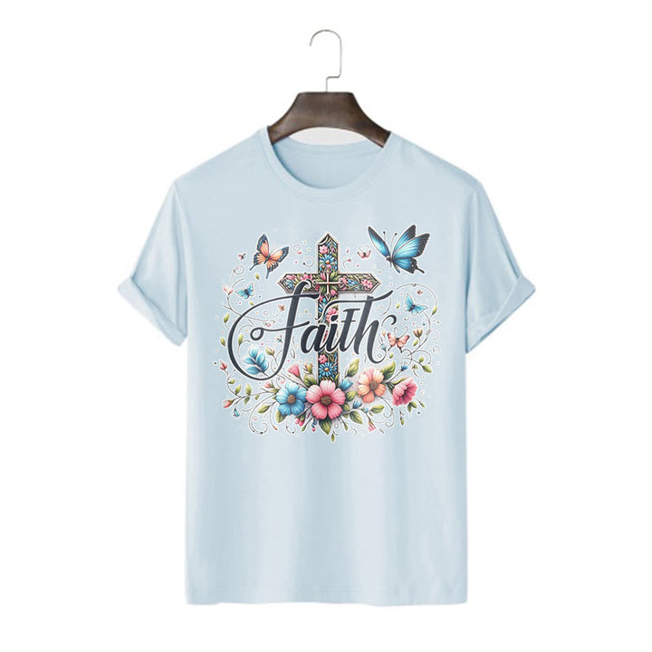 Christianartworkshop T-Shirt im Bohemian-Stil mit Blumen und Kreuz, kurzärmlig, gewaschen - Blau - 2XL - image 18