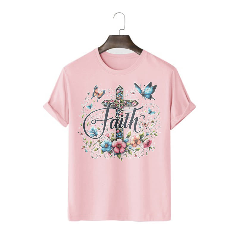Christianartworkshop Kurzarm-T-Shirt im Bohemian-Stil mit Blumen- und Kreuzmotiv - Rosa - 2XL - image 0