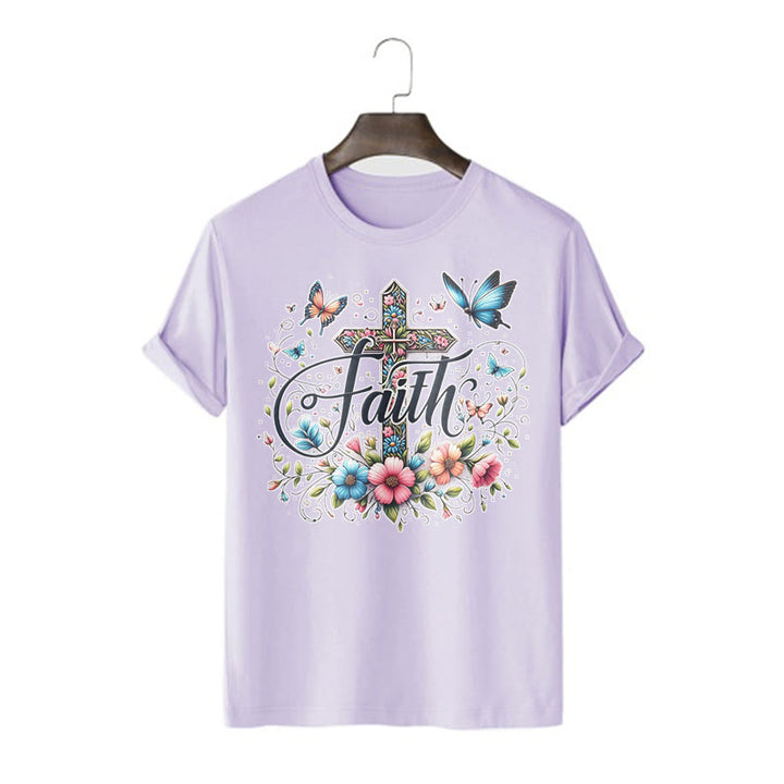 Christianartworkshop T-Shirt im Bohemian-Stil mit Blumen und Kreuz, kurzärmlig, gewaschen - Lila - 2XL - image 16