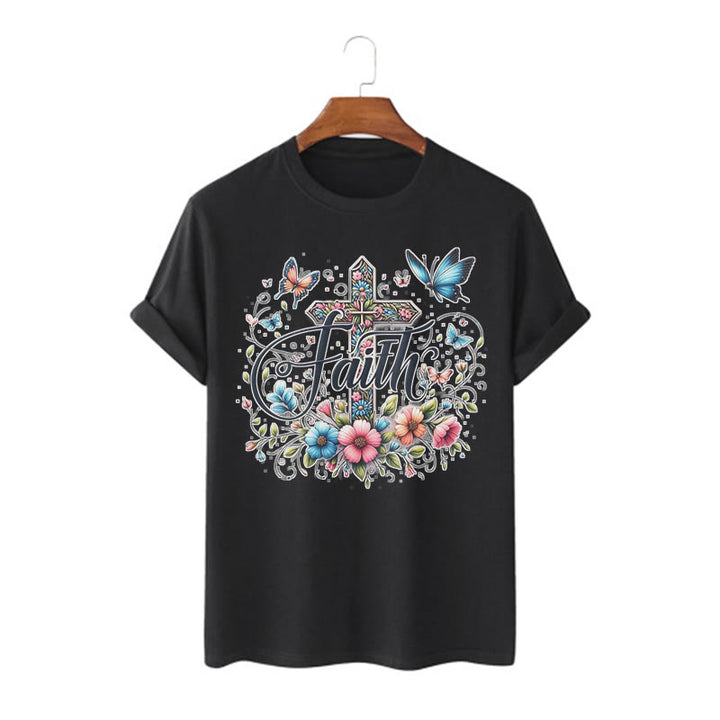 Christianartworkshop Kurzarm-T-Shirt im Bohemian-Stil mit Blumen- und Kreuzmotiv - Schwarz - 2XL - image 5