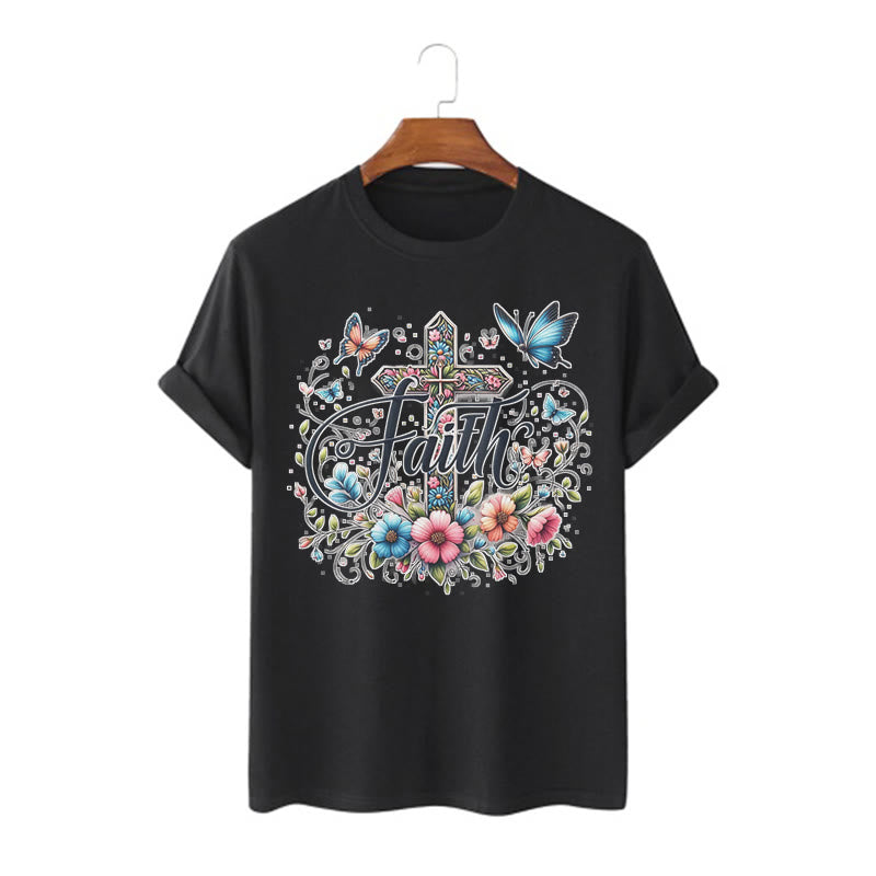 Christianartworkshop T-Shirt im Bohemian-Stil mit Blumen und Kreuz, kurzärmlig, gewaschen - Schwarz - 2XL - image 6