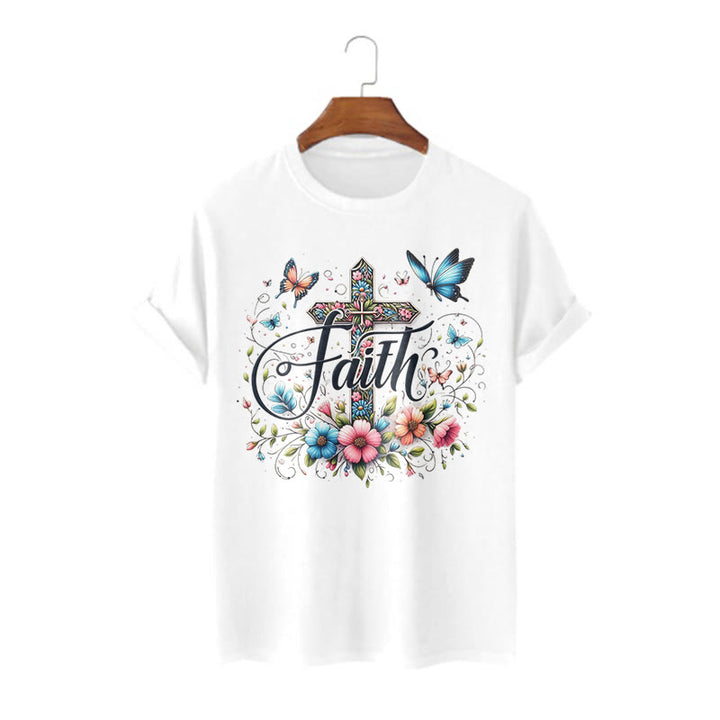 Christianartworkshop T-Shirt im Bohemian-Stil mit Blumen und Kreuz, kurzärmlig, gewaschen - Weiß - 2XL - image 3