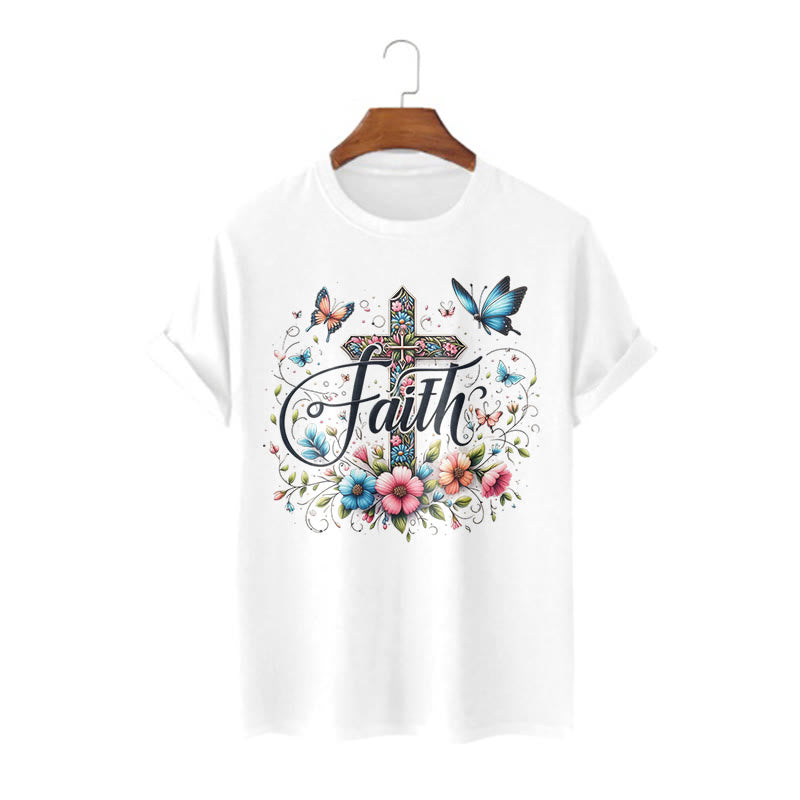 Christianartworkshop Kurzarm-T-Shirt im Bohemian-Stil mit Blumen- und Kreuzmotiv - Weiß - 2XL - image 2