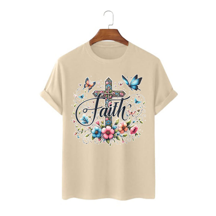 Christianartworkshop T-Shirt im Bohemian-Stil mit Blumen und Kreuz, kurzärmlig, gewaschen - Khaki - 2XL - image 10