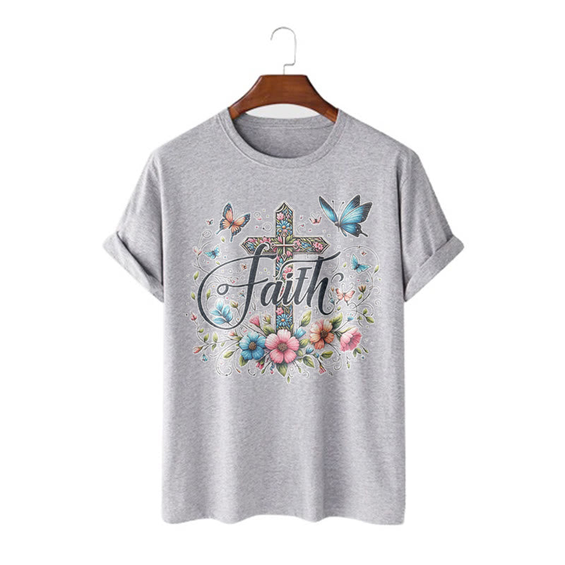 Christianartworkshop Kurzarm-T-Shirt im Bohemian-Stil mit Blumen- und Kreuzmotiv - Grau - 2XL - image 18