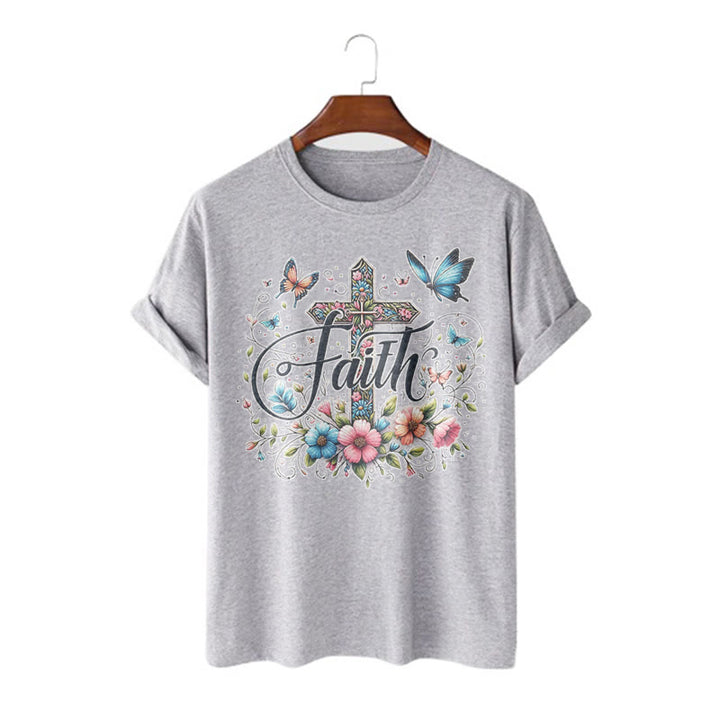 Christianartworkshop Kurzarm-T-Shirt im Bohemian-Stil mit Blumen- und Kreuzmotiv - Grau - 2XL - image 18