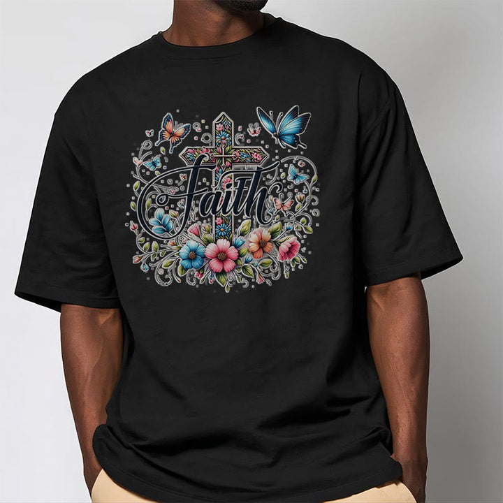 Christianartworkshop T-Shirt im Bohemian-Stil mit Blumen und Kreuz, kurzärmlig, gewaschen - image 9