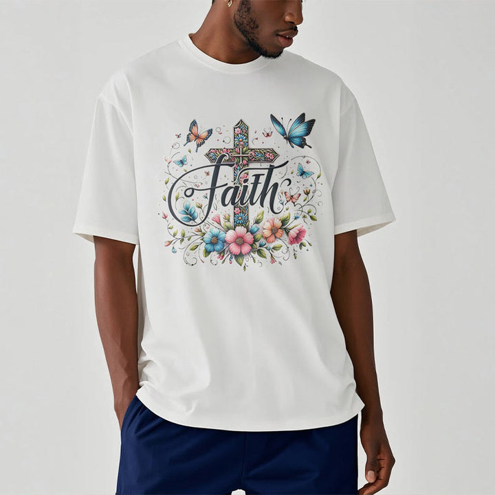 Christianartworkshop T-Shirt im Bohemian-Stil mit Blumen und Kreuz, kurzärmlig, gewaschen - image 5