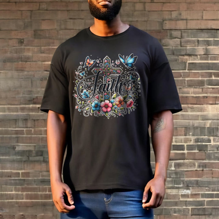 Christianartworkshop T-Shirt im Bohemian-Stil mit Blumen und Kreuz, kurzärmlig, gewaschen - image 7