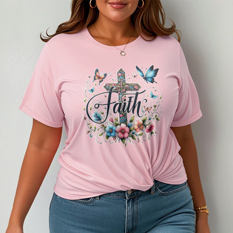 Christianartworkshop Kurzarm-T-Shirt im Bohemian-Stil mit Blumen- und Kreuzmotiv - image 1