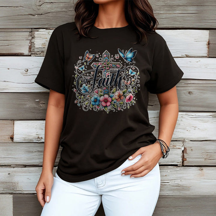 Christianartworkshop Kurzarm-T-Shirt im Bohemian-Stil mit Blumen- und Kreuzmotiv - image 7