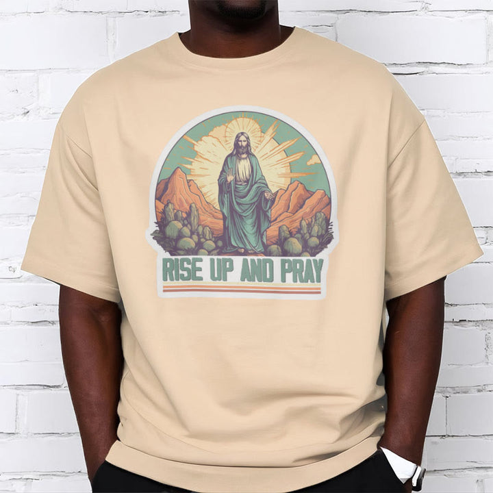 Christianartworkshop Klassisches, kurzärmliges T-Shirt mit Aufschrift „Rise Up and Pray“, gewaschen - image 9