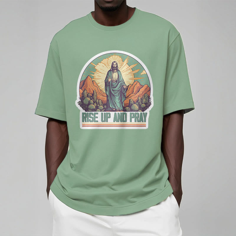 Christianartworkshop Klassisches, kurzärmliges T-Shirt mit Aufschrift „Rise Up and Pray“, gewaschen - image 13