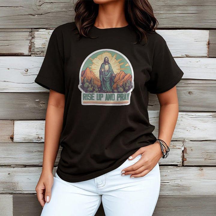 Christianartworkshop Klassisches, kurzärmliges T-Shirt mit Aufschrift „Rise Up and Pray“, gewaschen - image 6