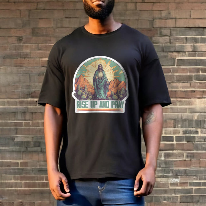 Christianartworkshop Klassisches, kurzärmliges T-Shirt mit Aufschrift „Rise Up and Pray“, gewaschen - image 5