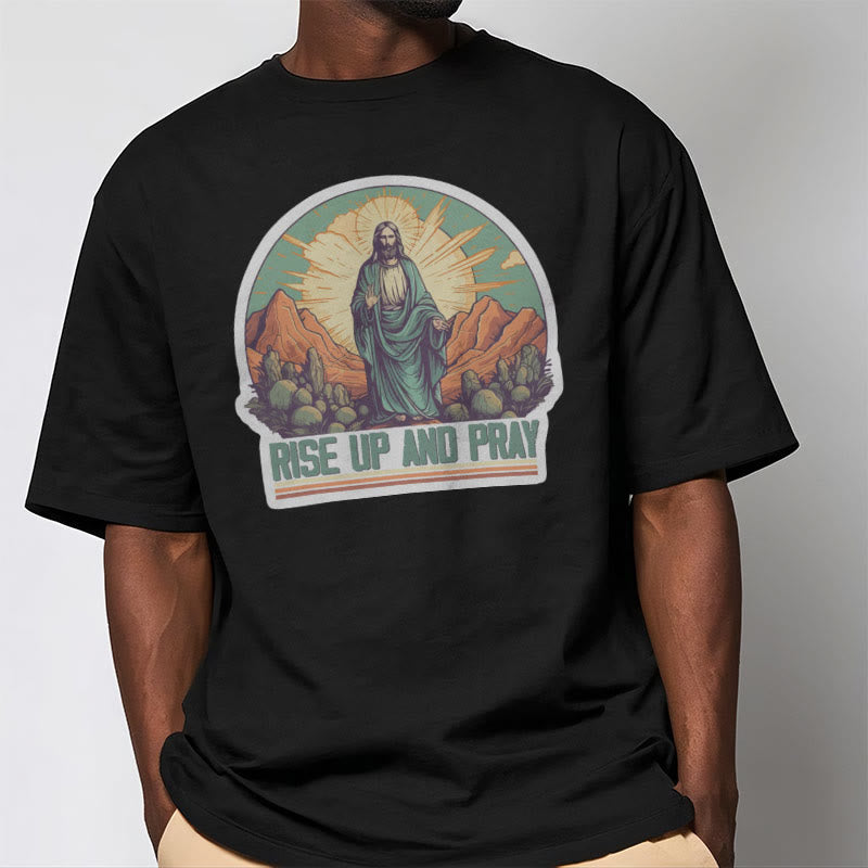 Christianartworkshop Klassisches, kurzärmliges T-Shirt mit Aufschrift „Rise Up and Pray“, gewaschen - image 7