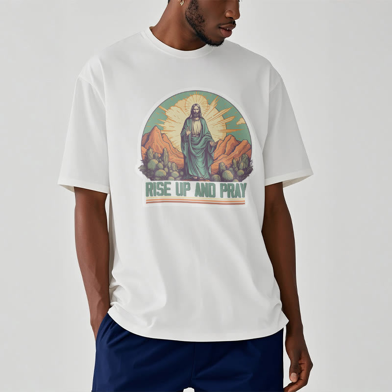 Christianartworkshop Klassisches, kurzärmliges T-Shirt mit Aufschrift „Rise Up and Pray“, gewaschen - image 3