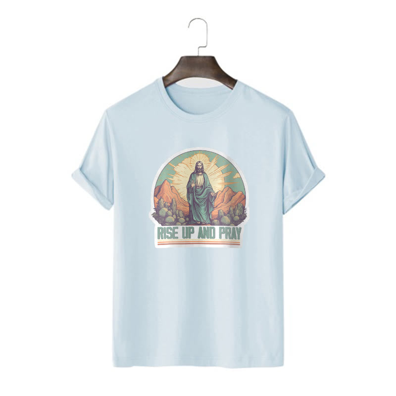 Christianartworkshop Klassisches, kurzärmliges T-Shirt mit Aufschrift „Rise Up and Pray“, gewaschen - Blau - 2XL - image 18