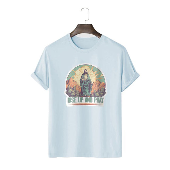 Christianartworkshop Klassisches, kurzärmliges T-Shirt mit Aufschrift „Rise Up and Pray“, gewaschen - Blau - 2XL - image 18
