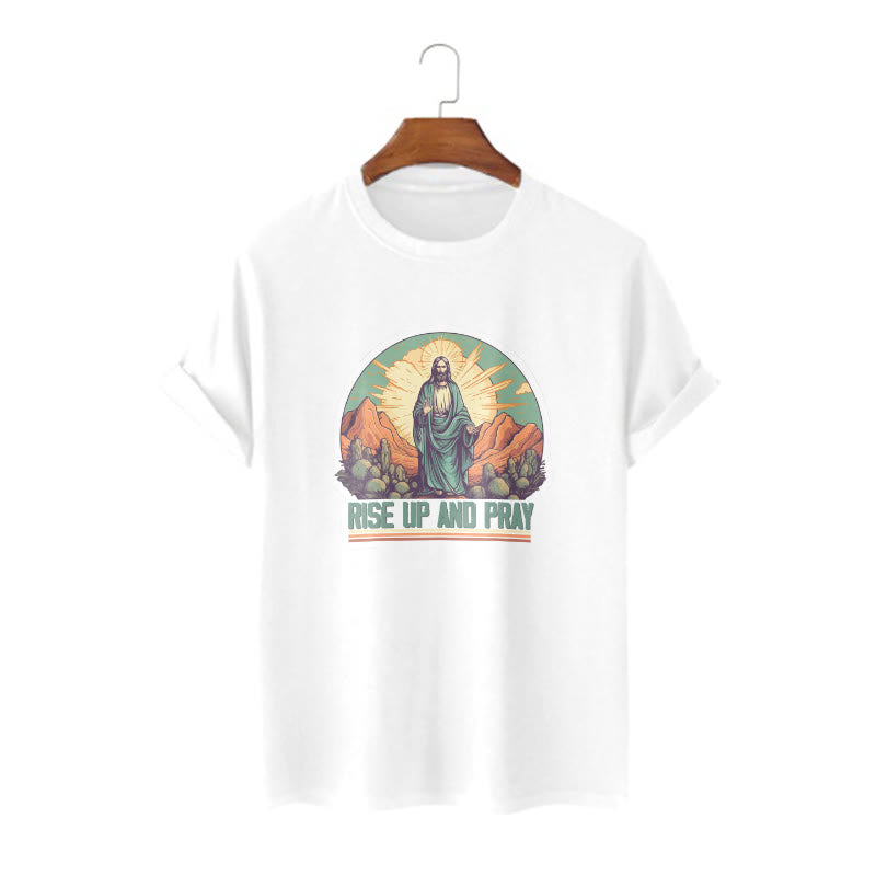 Christianartworkshop Klassisches, kurzärmliges T-Shirt mit Aufschrift „Rise Up and Pray“, gewaschen - Weiß - 2XL - image 1