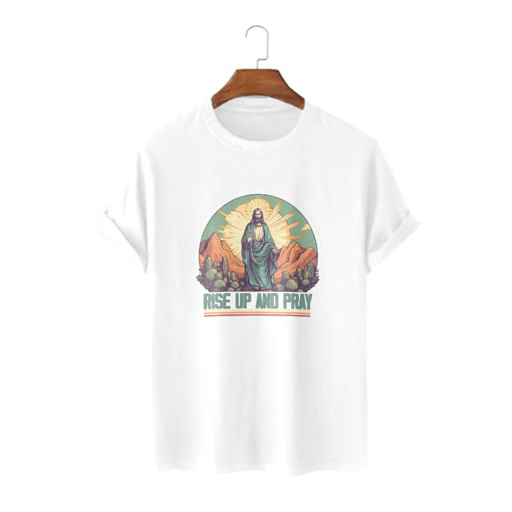 Christianartworkshop Klassisches, kurzärmliges T-Shirt mit Aufschrift „Rise Up and Pray“, gewaschen - Weiß - 2XL - image 1