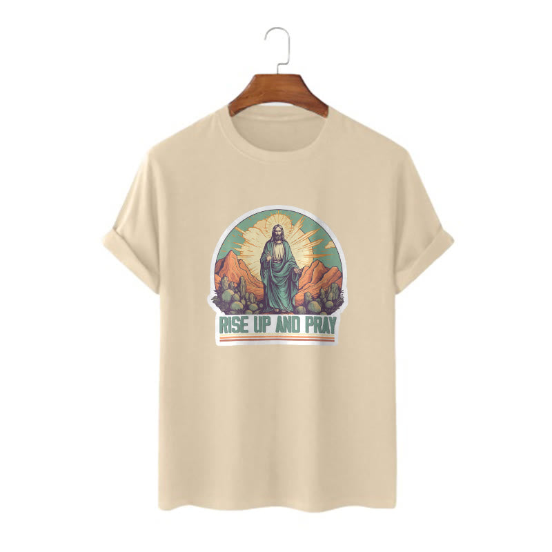 Christianartworkshop Klassisches, kurzärmliges T-Shirt mit Aufschrift „Rise Up and Pray“, gewaschen - Khaki - 2XL - image 8