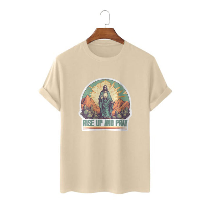 Christianartworkshop Klassisches, kurzärmliges T-Shirt mit Aufschrift „Rise Up and Pray“, gewaschen - Khaki - 2XL - image 8