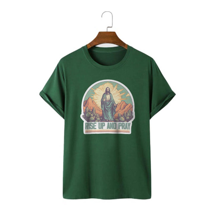 Christianartworkshop Klassisches, kurzärmliges T-Shirt mit Aufschrift „Rise Up and Pray“, gewaschen - Dunkelgrün - 2XL - image 10