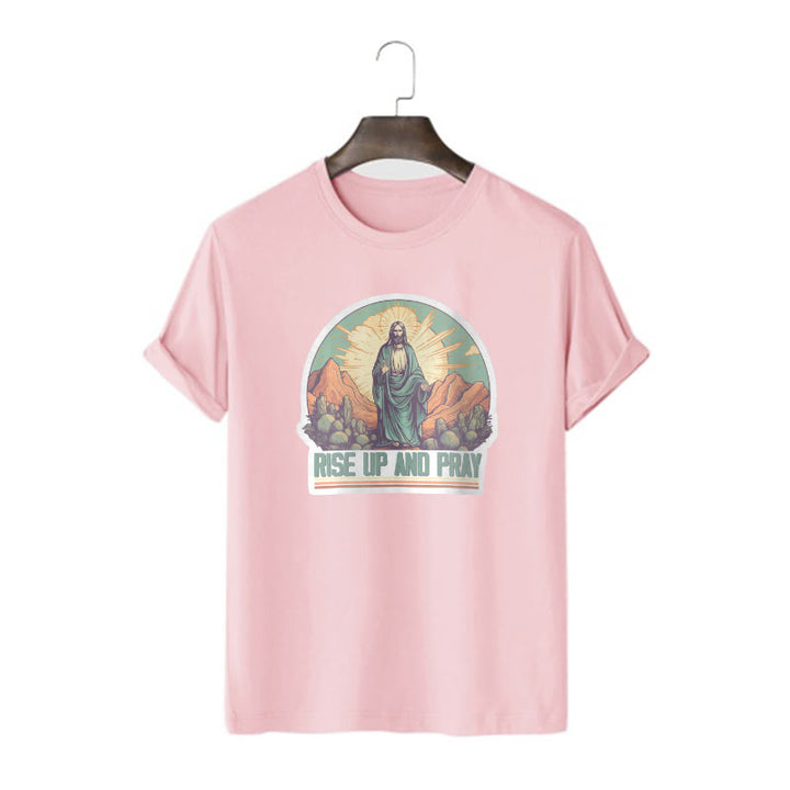 Christianartworkshop Klassisches, kurzärmliges T-Shirt mit Aufschrift „Rise Up and Pray“, gewaschen - Rosa - 2XL - image 14