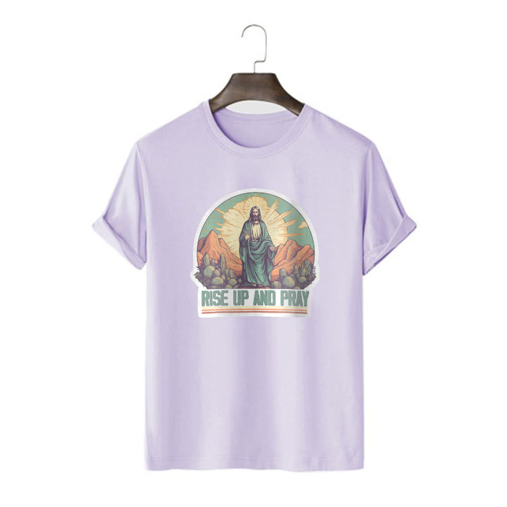 Christianartworkshop Klassisches, kurzärmliges T-Shirt mit Aufschrift „Rise Up and Pray“, gewaschen - Lila - 2XL - image 16