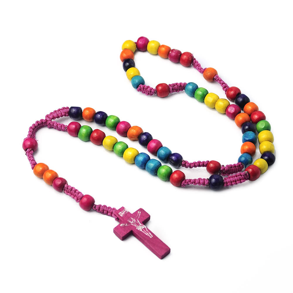 Christianartworkshop Rosenkranz aus rundem Kruzifix aus Holz mit Nylonschnur, 8 mm, mehrfarbig - Regenbogenperlen - image 1