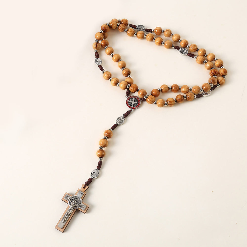 Christianartworkshop Wundertätige Medaille & St. Benedikt Medaille & Kruzifix aus 10 mm rundem Rosenkranz aus braunem Holz und Nylonschnur - image 2