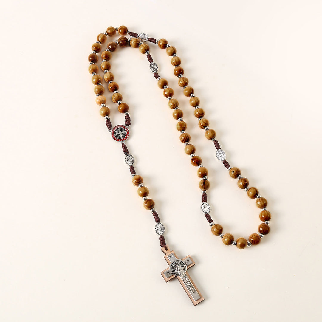 Christianartworkshop Wundertätige Medaille & St. Benedikt Medaille & Kruzifix aus 10 mm rundem Rosenkranz aus braunem Holz und Nylonschnur - image 3