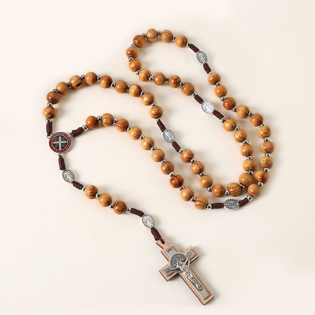 Christianartworkshop Wundertätige Medaille & St. Benedikt Medaille & Kruzifix aus 10 mm rundem Rosenkranz aus braunem Holz und Nylonschnur - Holzperlen - image 1