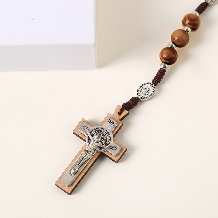 Christianartworkshop Wundertätige Medaille & St. Benedikt Medaille & Kruzifix aus 10 mm rundem Rosenkranz aus braunem Holz und Nylonschnur - image 4