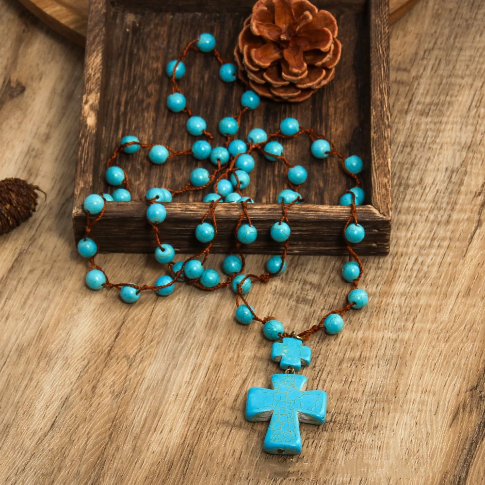 Christianartworkshop Halskette mit geflochtenem Kreuzanhänger im Folk-Stil, Türkis - Blau - image 1