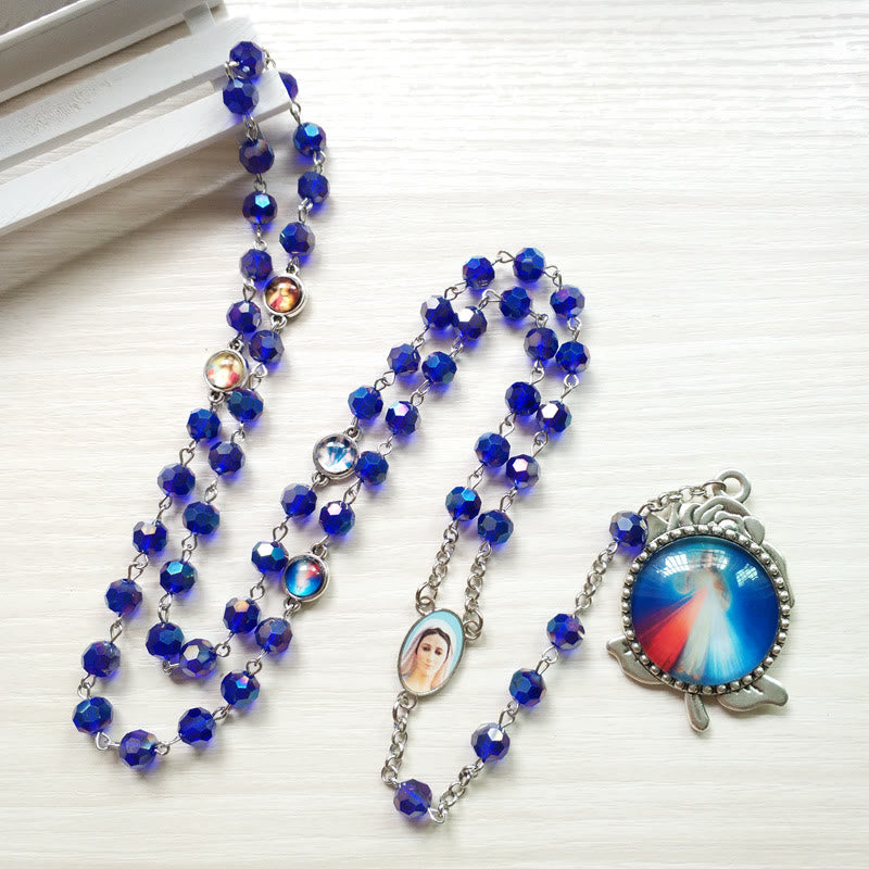 Christianartworkshop Rosenkranz „Unsere Liebe Frau von Fátima und das Heilige Herz Jesu“ aus 6 mm Polyeder, blaue Kristalllegierung - Blau - image 1
