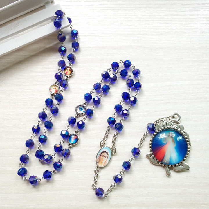 Christianartworkshop Rosenkranz „Unsere Liebe Frau von Fátima und das Heilige Herz Jesu“ aus 6 mm Polyeder, blaue Kristalllegierung - Blau - image 1