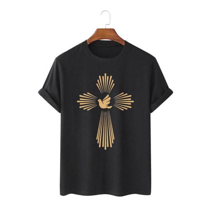 Christianartworkshop T-Shirt im minimalistischen Stil mit Heiligem Geist, Taube, goldenem Kreuz und kurzärmligem, gewaschenem Design
