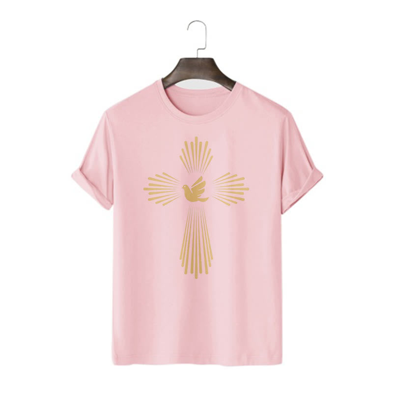 Christianartworkshop T-Shirt im minimalistischen Stil mit Heiligem Geist, Taube, goldenem Kreuz und kurzärmligem, gewaschenem Design