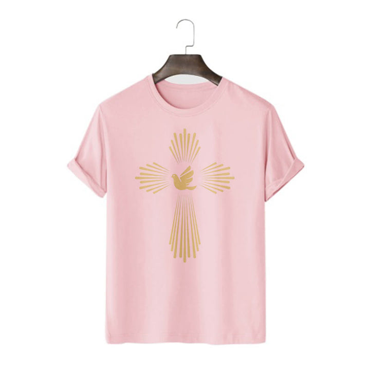 Christianartworkshop T-Shirt im minimalistischen Stil mit Heiligem Geist, Taube, goldenem Kreuz und kurzärmligem, gewaschenem Design