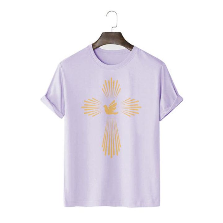 Christianartworkshop T-Shirt im minimalistischen Stil mit Heiligem Geist, Taube, goldenem Kreuz und kurzärmligem, gewaschenem Design