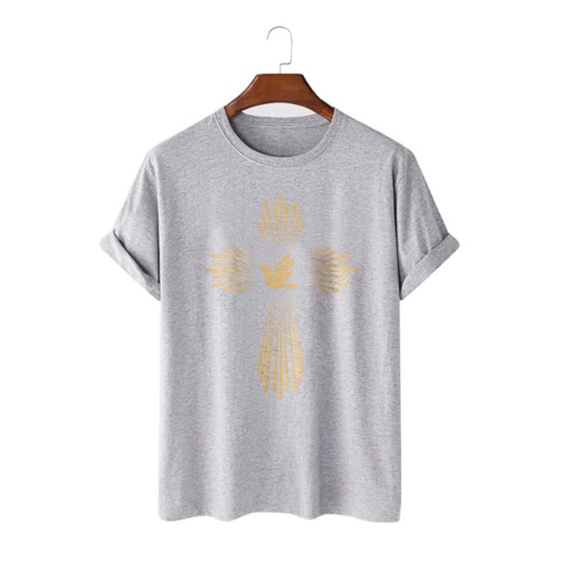 Christianartworkshop T-Shirt im minimalistischen Stil mit Heiligem Geist, Taube, goldenem Kreuz und kurzärmligem, gewaschenem Design
