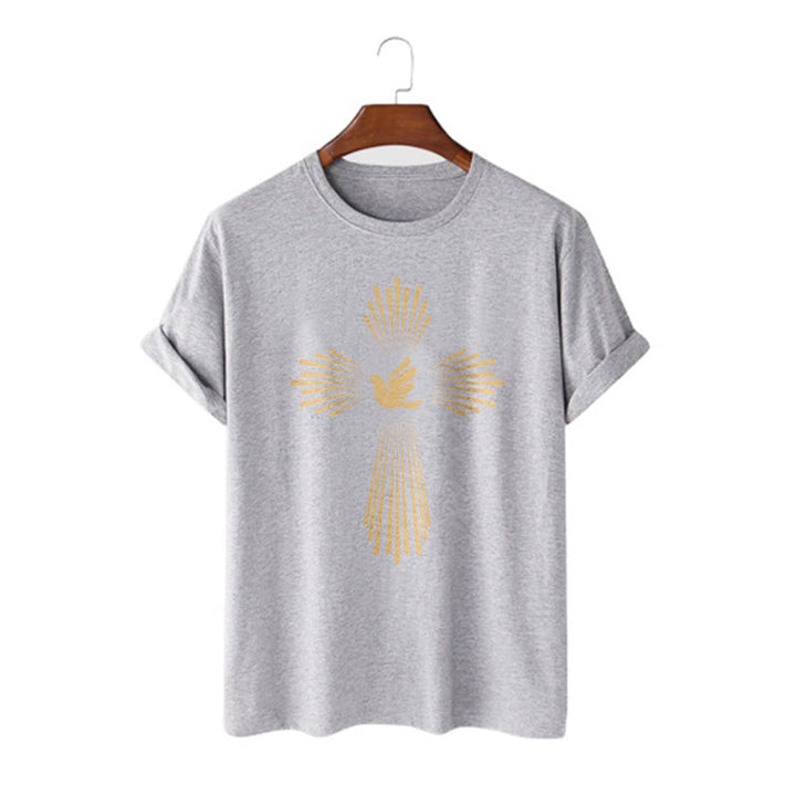 Christianartworkshop T-Shirt im minimalistischen Stil mit Heiligem Geist, Taube, goldenem Kreuz und kurzärmligem, gewaschenem Design