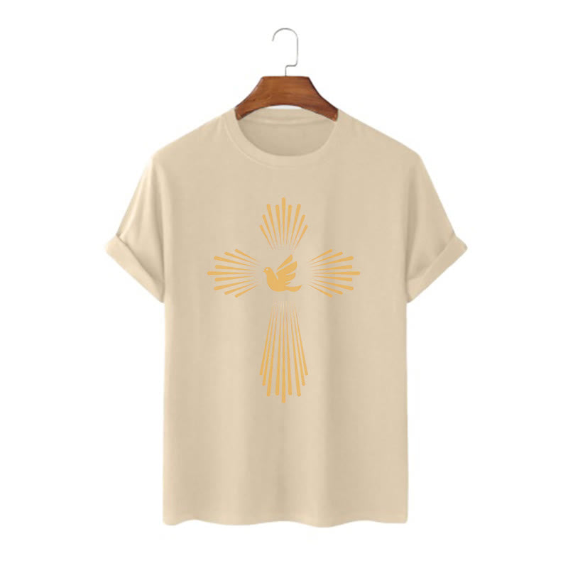 Christianartworkshop T-Shirt im minimalistischen Stil mit Heiligem Geist, Taube, goldenem Kreuz und kurzärmligem, gewaschenem Design
